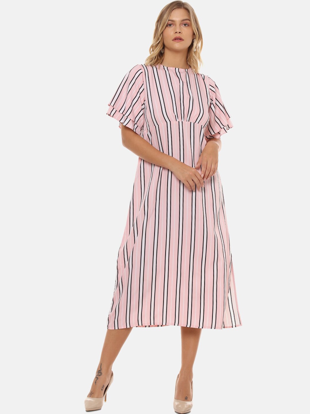 

Campus Sutra Women Peach-Coloured Striped A-Line Dress