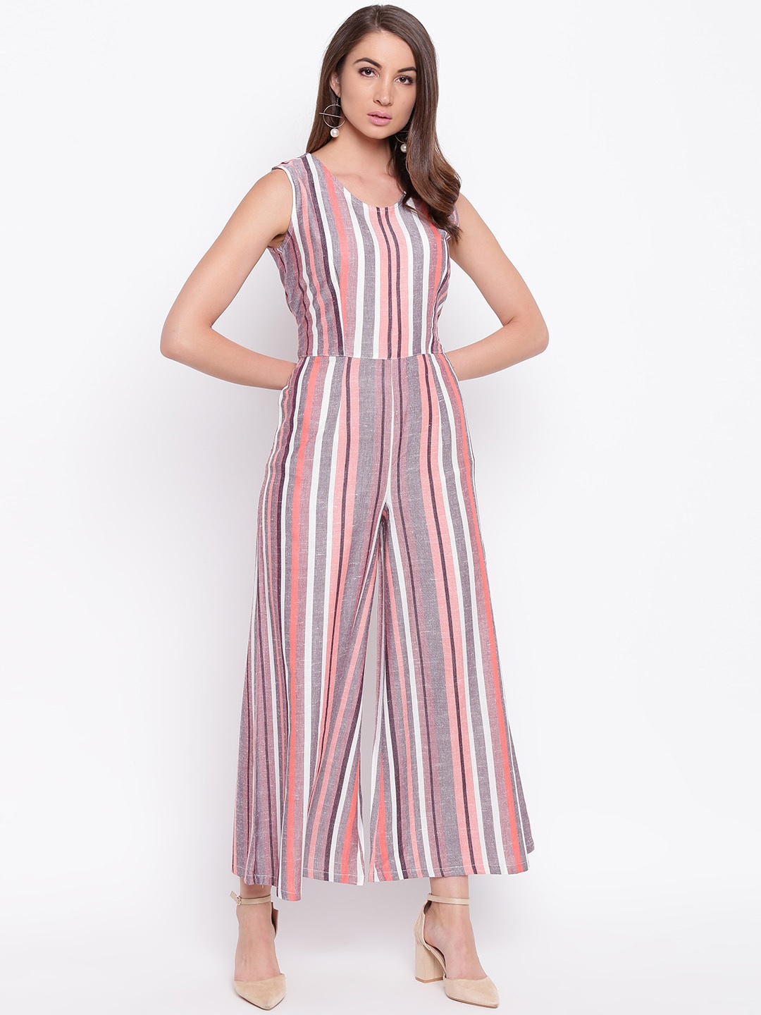 

Mayra Women Pink & White Striped Basic Jumpsuit
