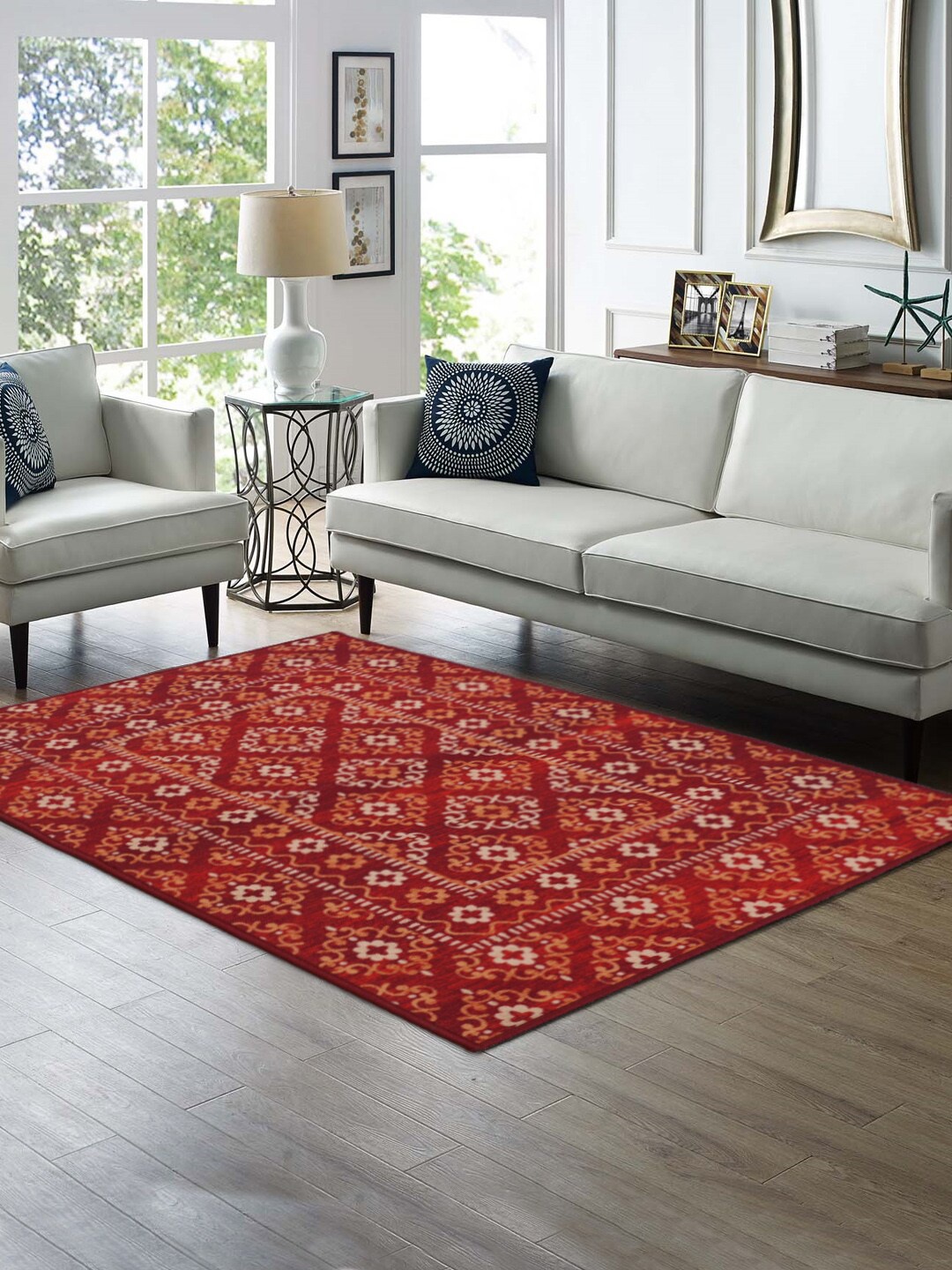 RUGSMITH Red & Orange Printed Anti-Skid Carpet