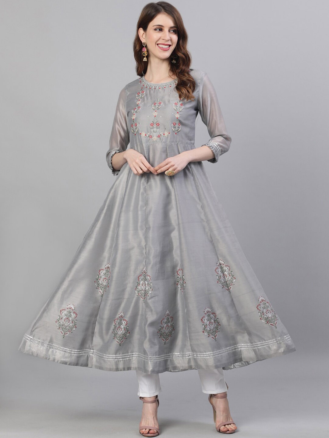 

Ishin Women Grey Ethnic Motifs Embroidered Chanderi Silk Anarkali Kurta