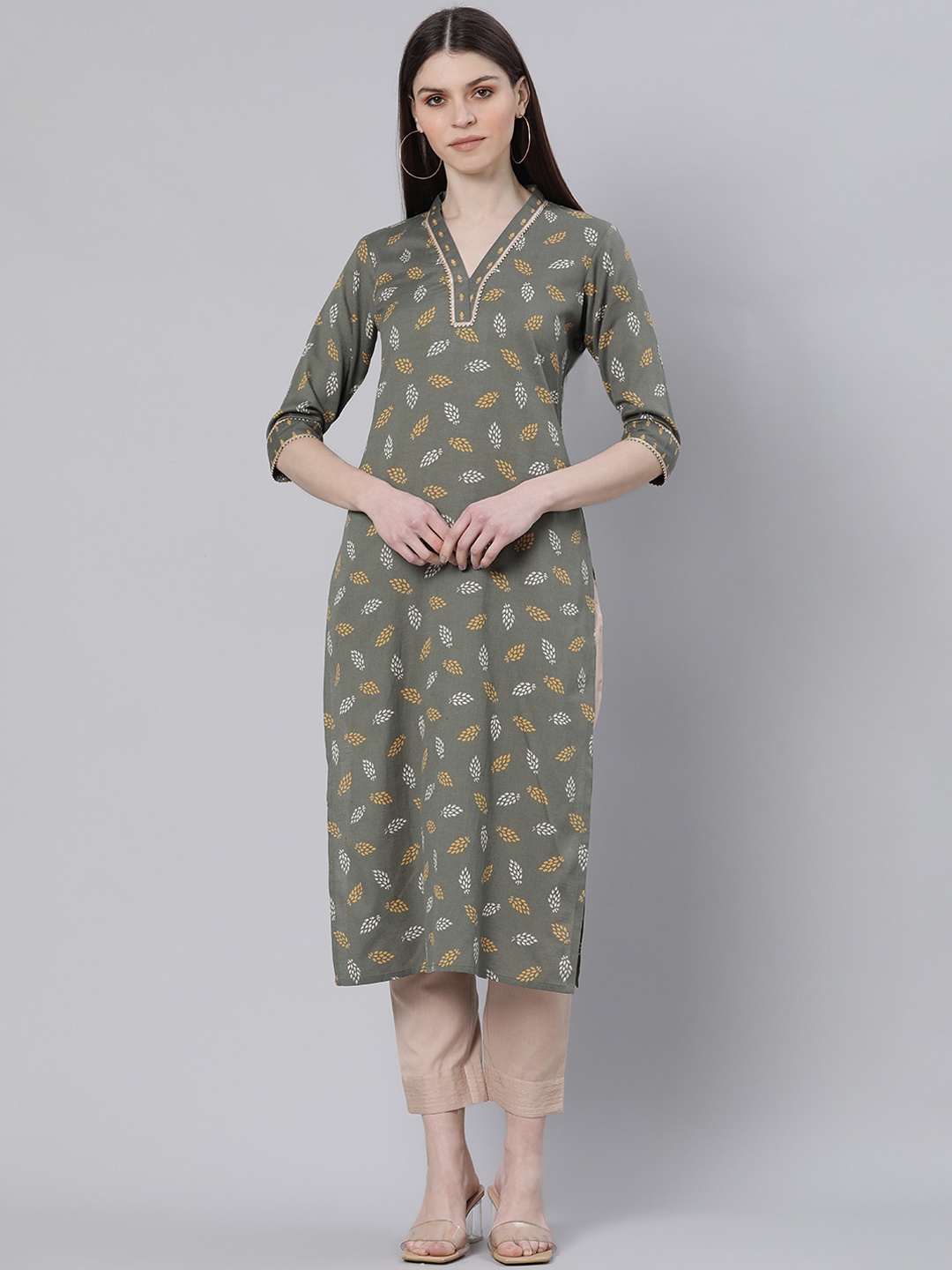 

Gerua By Libas Women Olive Green Yellow Floral Printed V-Neck A-Line Cotton Kurta