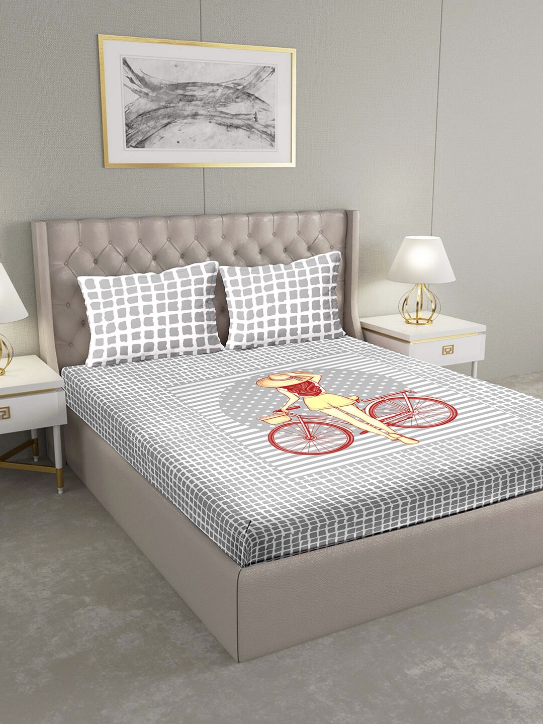 

BELLA CASA Grey & White Graphic 124 TC Cotton 1 King Bedsheet with 2 Pillow Covers