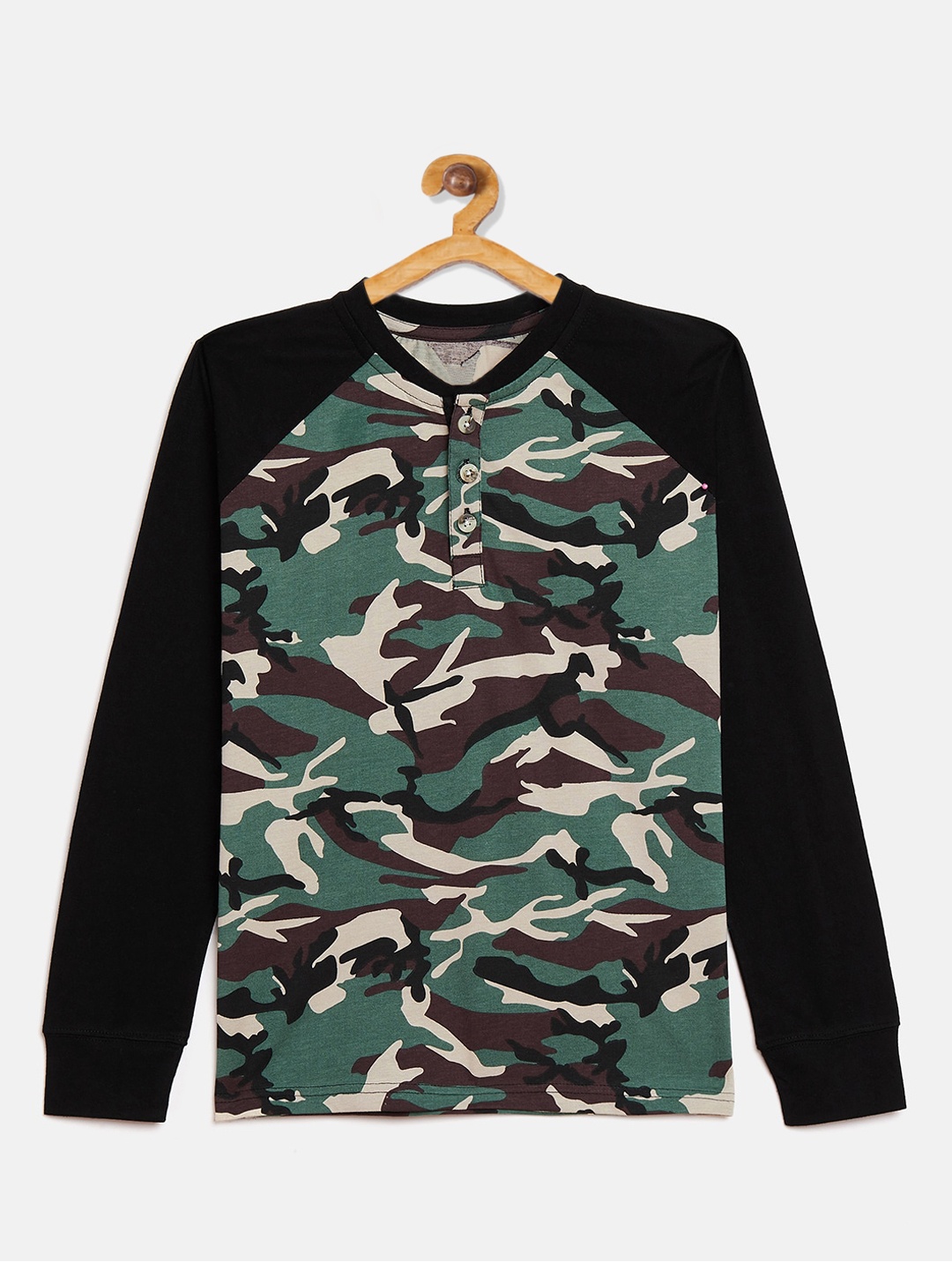 

GRITSTONES Boys Black & Green Camouflage Printed Round Neck T-shirt