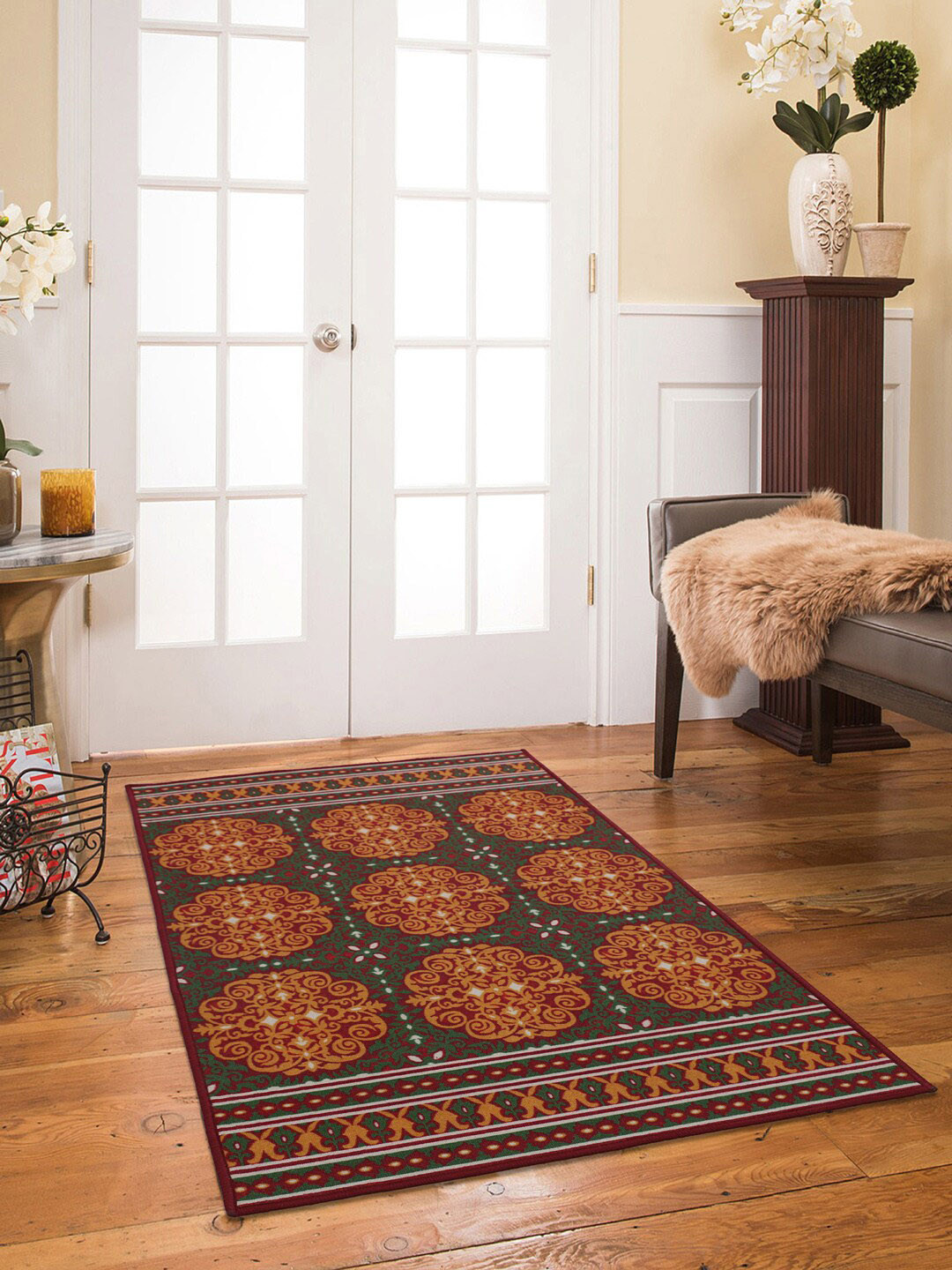 

RUGSMITH Maroon & Green Ethnic Motifs Patterned Anti-Skid Carpet