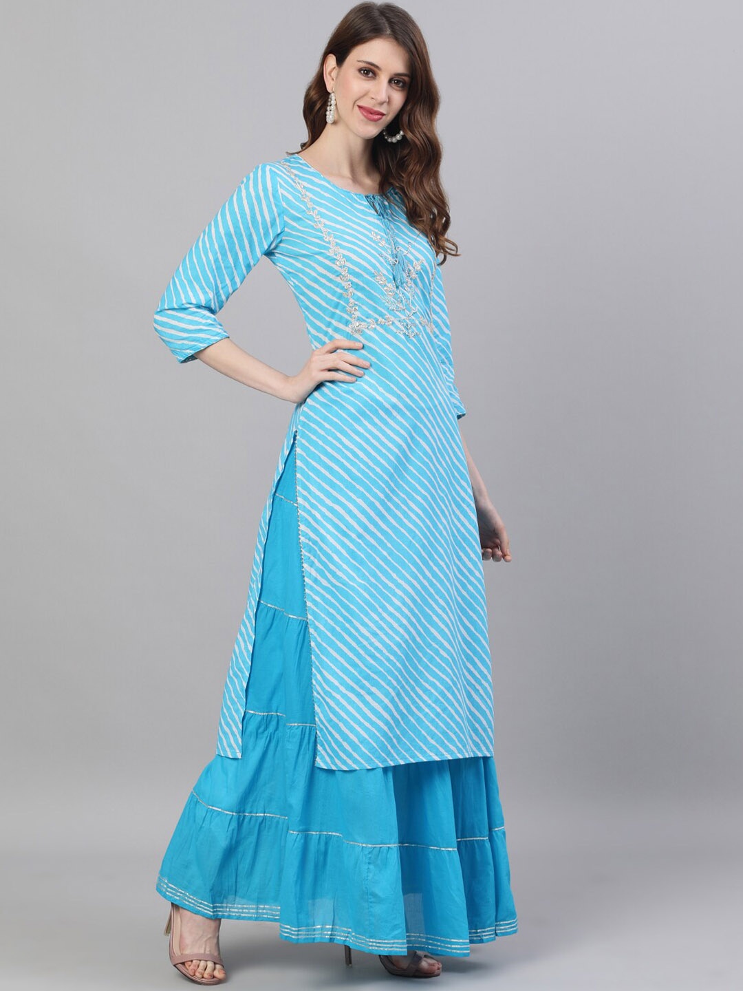 

Ishin Women Blue Printed Kurta with Skirt & Dupatta