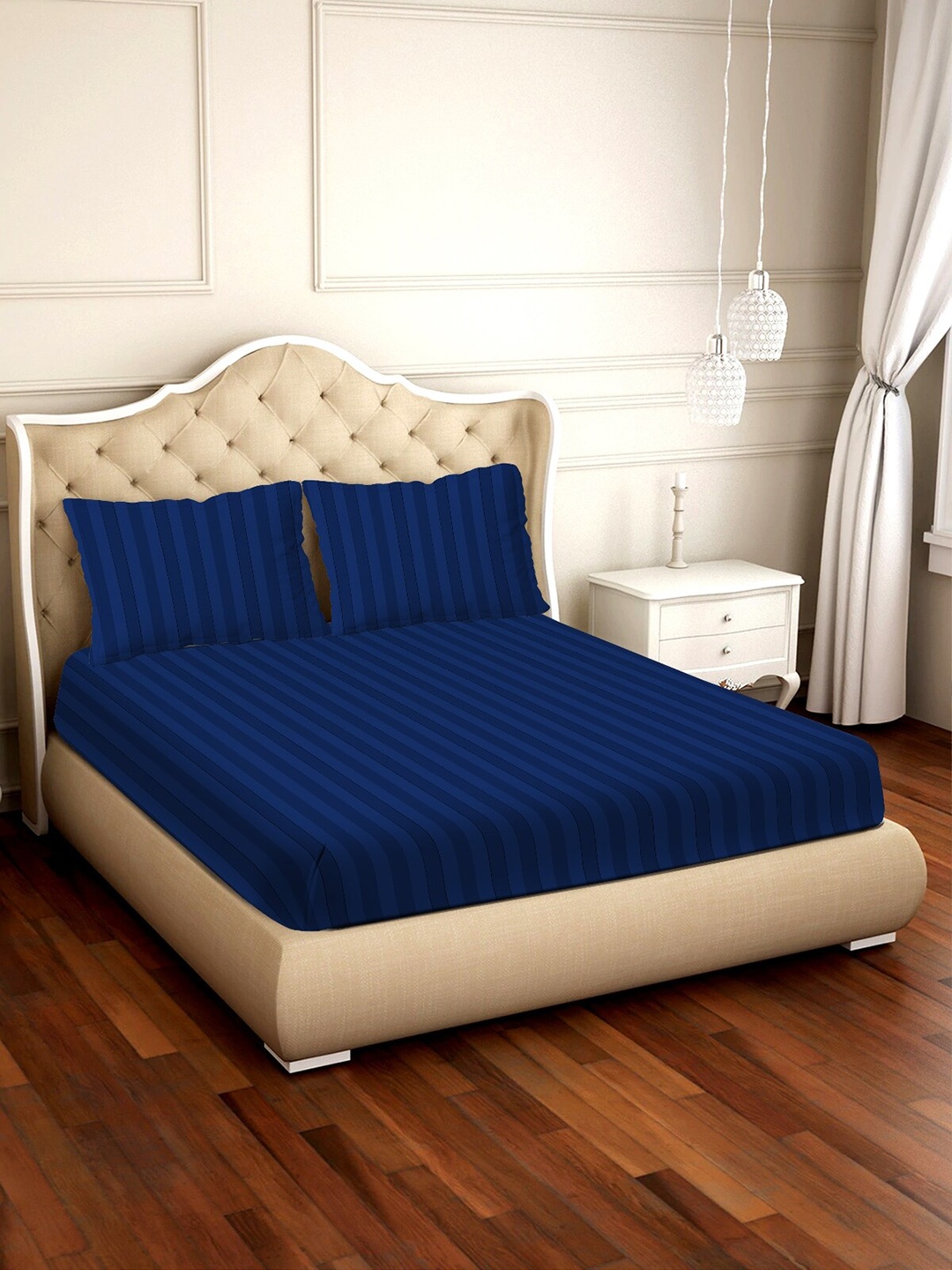 

BELLA CASA Navy Blue Striped 210 TC Cotton 1 King Bedsheet with 2 Pillow Covers