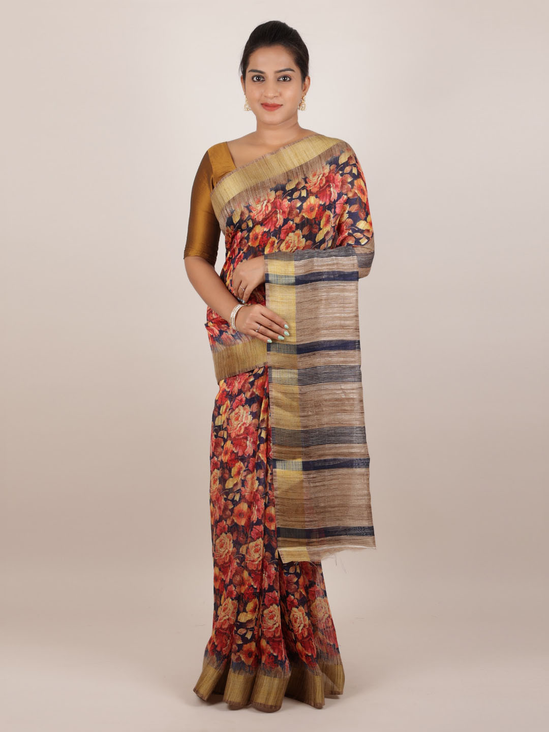 

Pothys Navy Blue & Pink Jute Silk Printed Saree