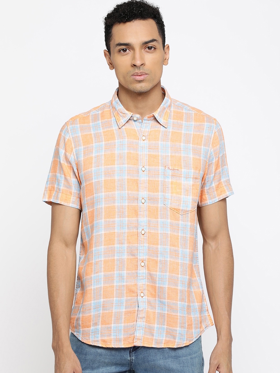 

Pepe Jeans Men Orange & Blue Regular Fit Checked Casual Shirt