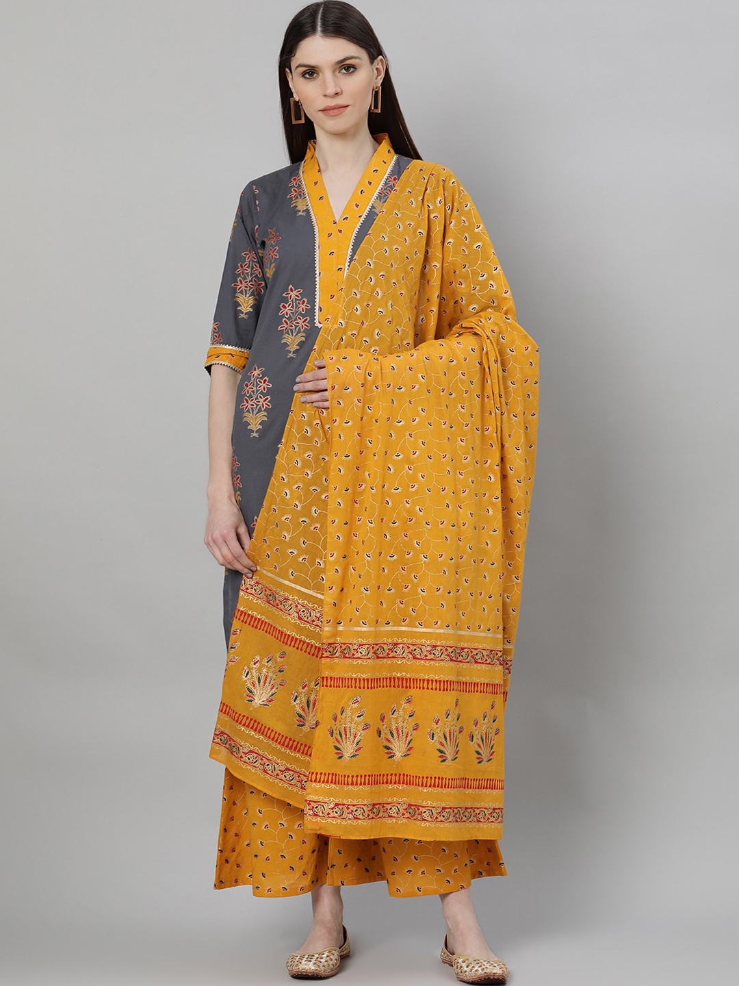 

GERUA Women Grey & Yellow Printed Kurta with Palazzos & Dupatta