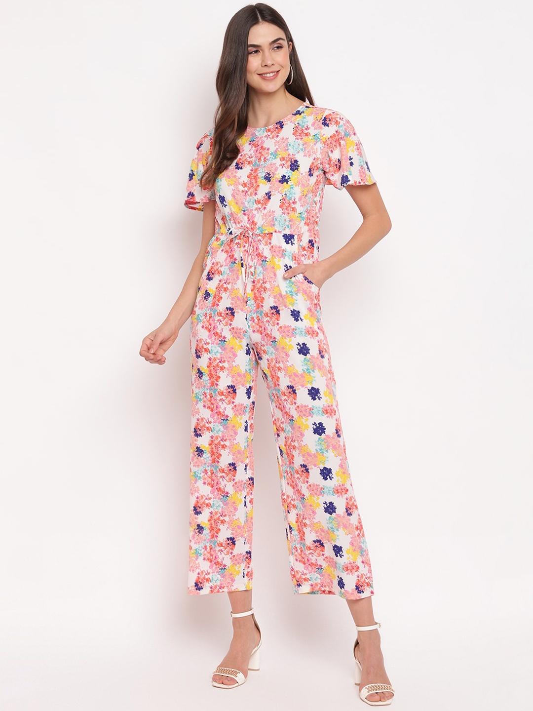 

Mayra Women White & Pink Printed Basic Jumpsuit