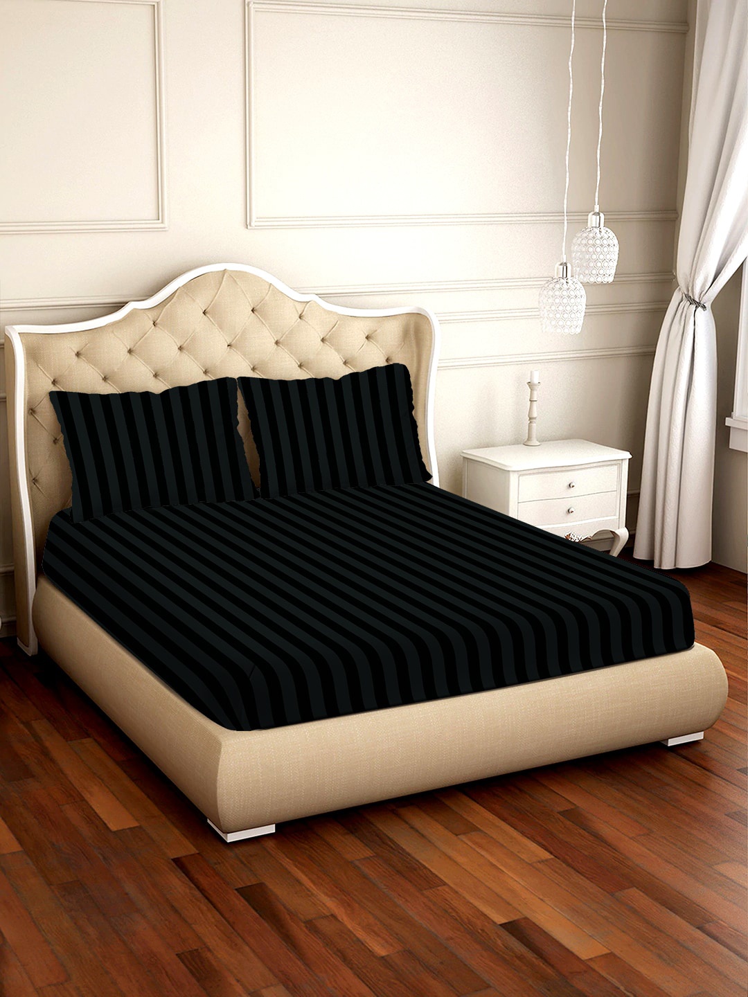 

BELLA CASA Black & Grey Striped 210 TC Cotton 1 King Bedsheet with 2 Pillow Covers