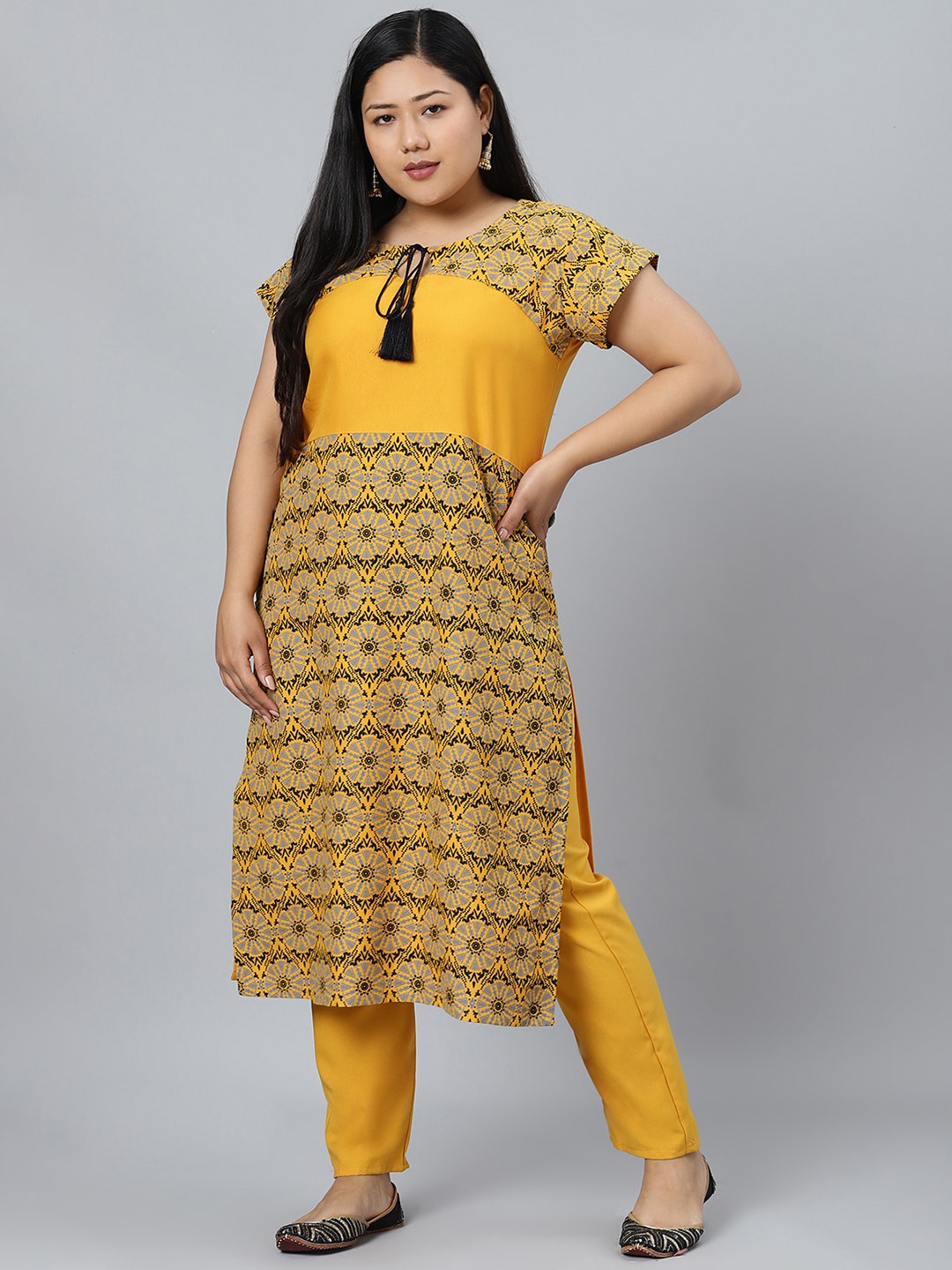 

curveZI by Ziyaa Women Mustard Printed Kurta with Trousers