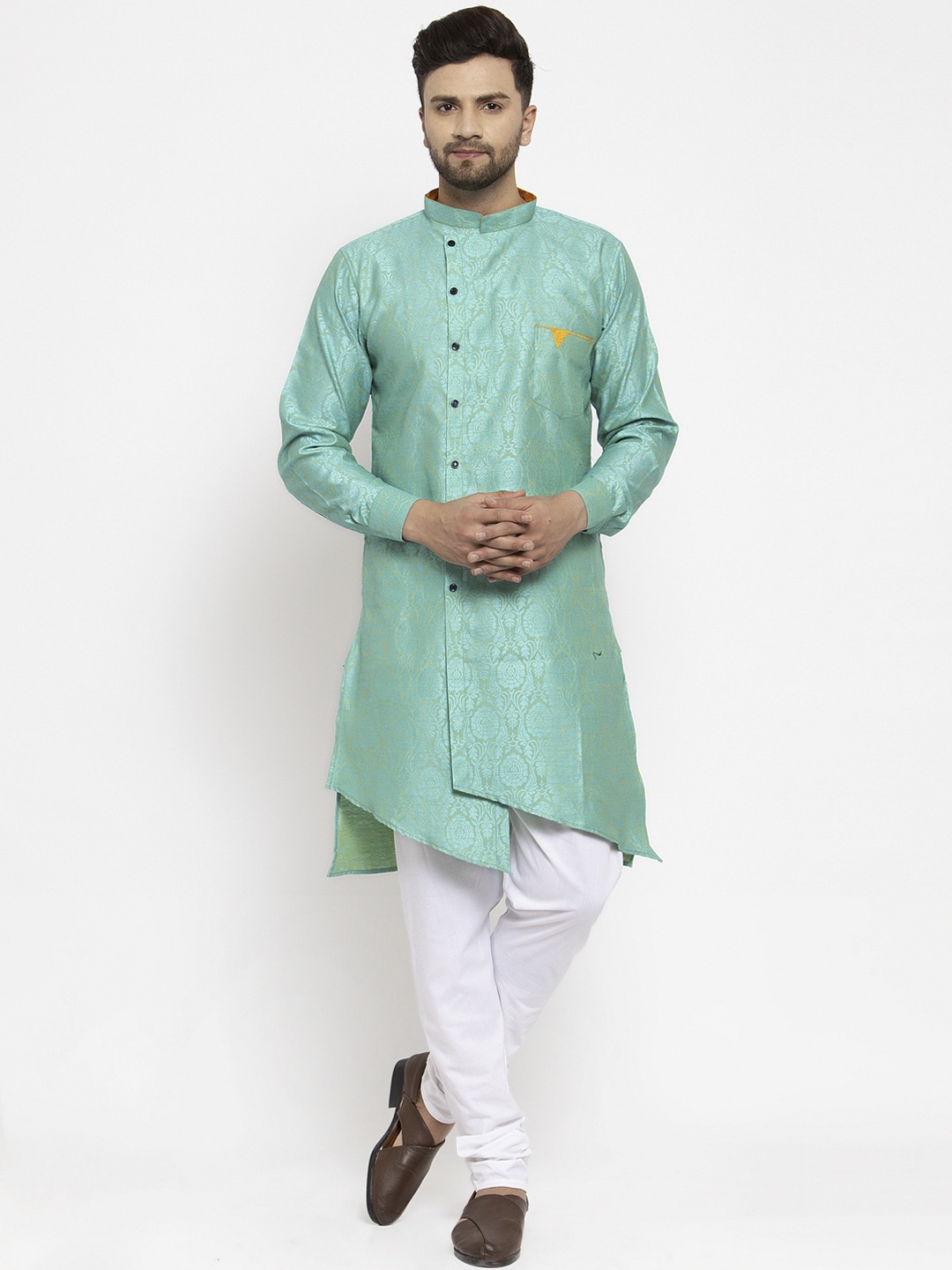 

KLOTTHE Men Sea Green & White Self Design Kurta with Churidar