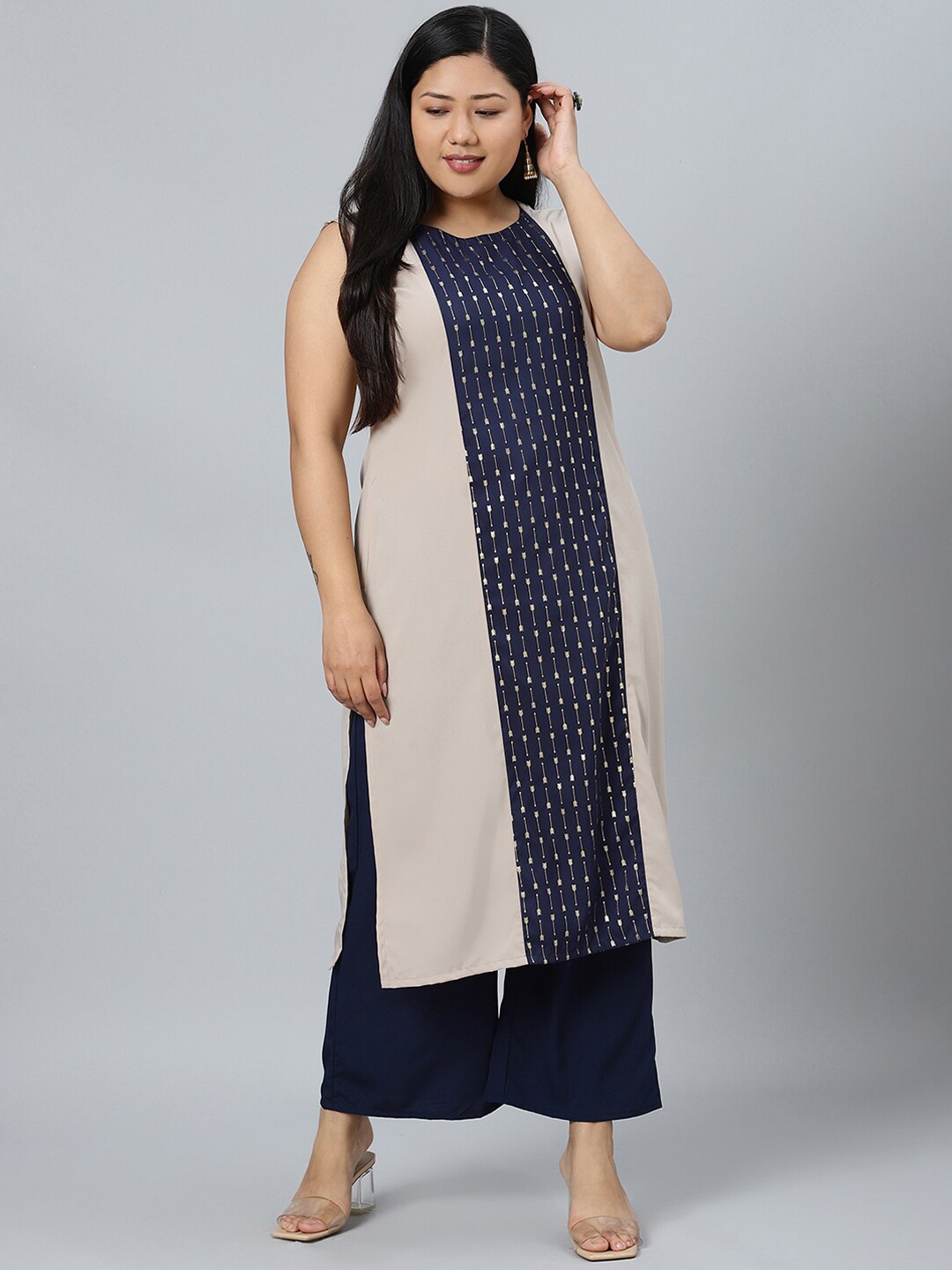 

curveZI by Ziyaa Women Beige & Blue Printed Kurta with Palazzos