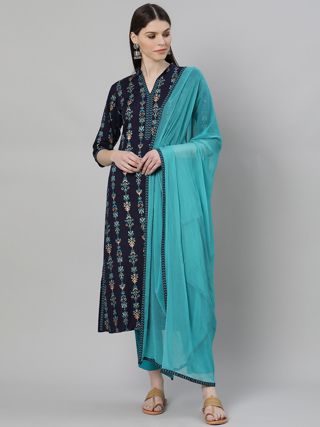 

Gerua By Libas Women Blue Printed Kurta with Trousers Dupatta