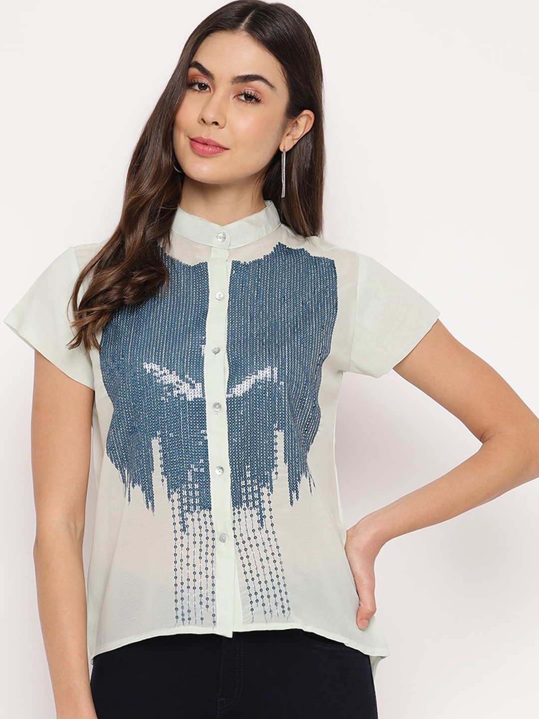

Mayra Women White & Blue Regular Fit Sequined Casual Shirt
