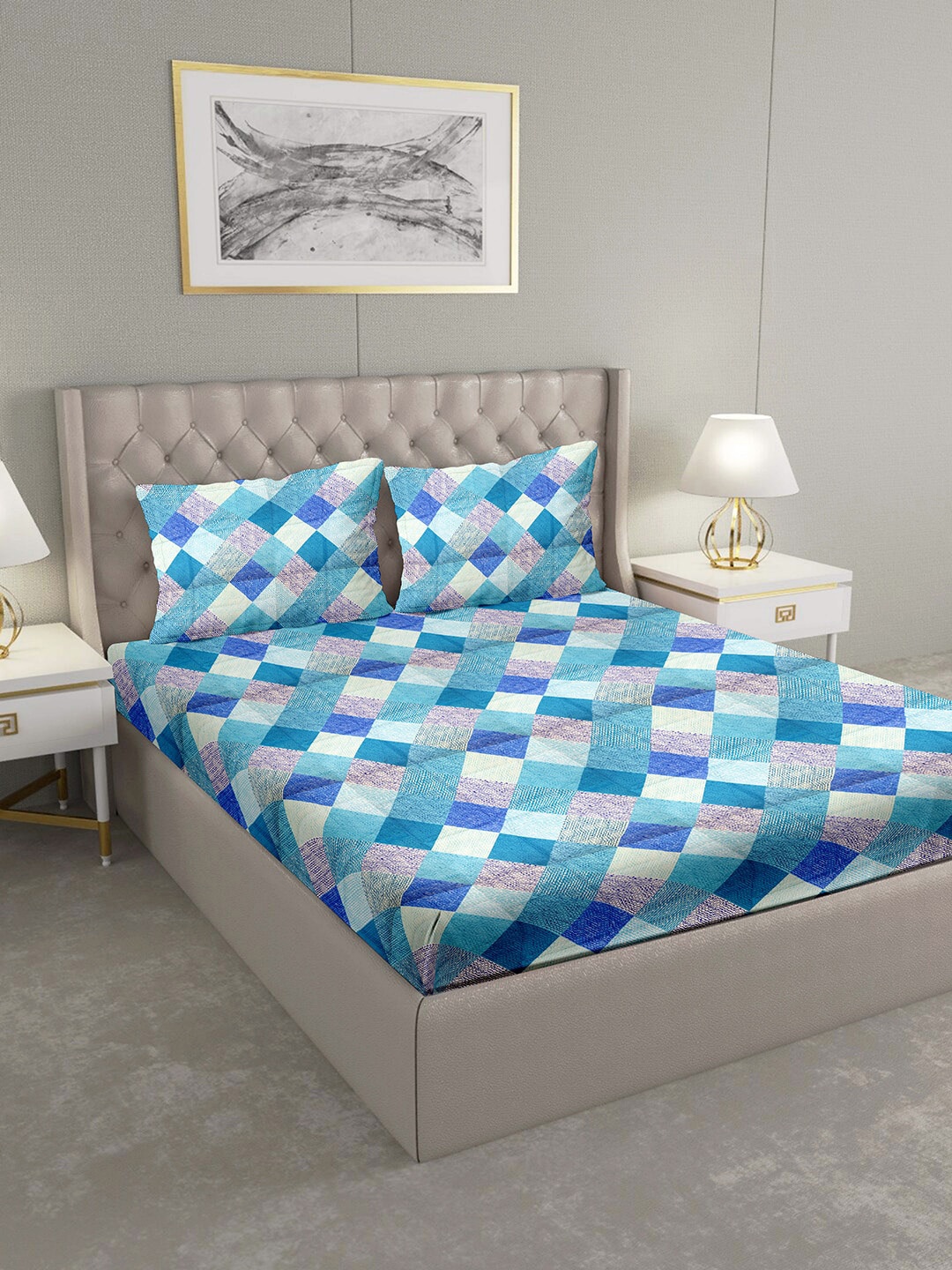 

BELLA CASA Blue & Grey Geometric 124 TC Cotton 1 King Bedsheet with 2 Pillow Covers