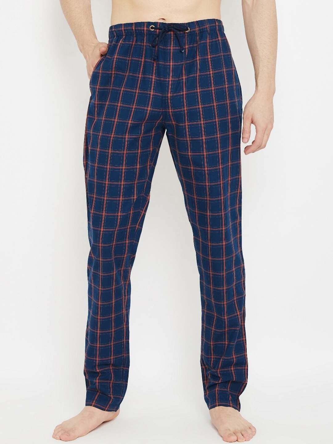 

Crimsoune Club Men Navy Blue & Orange Checked Lounge Pants