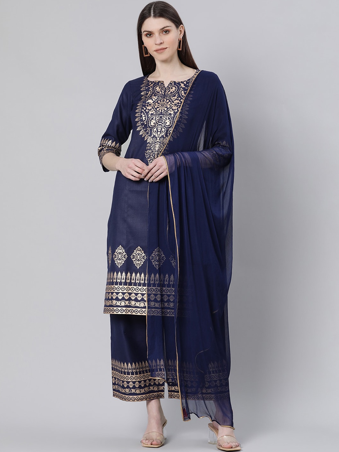

GERUA Women Navy Blue & Beige Printed Kurta with Trousers & Dupatta