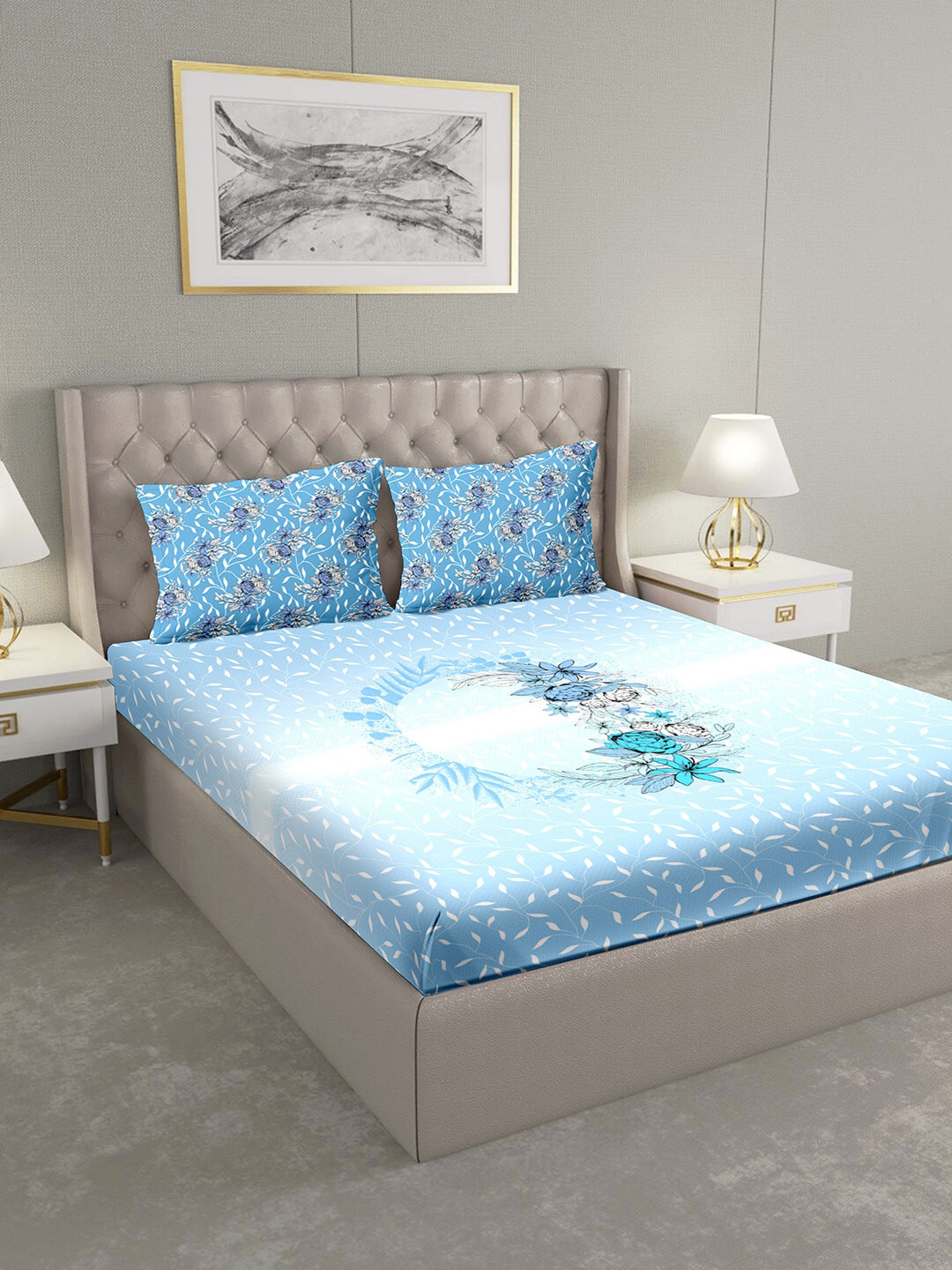 

BELLA CASA Turquoise Blue Floral 124 TC Cotton 1 Extra Large Bedsheet with 2 Pillow Covers