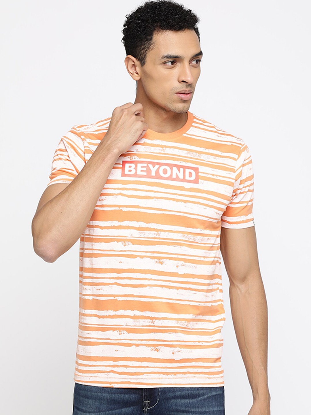 

Pepe Jeans Men Orange & White Striped Round Neck T-shirt
