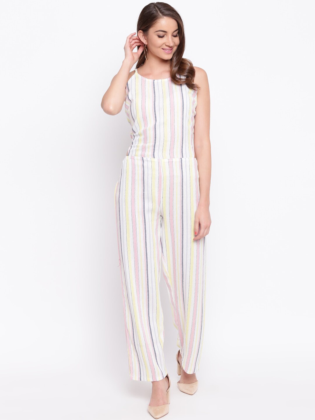 

Mayra Women White & Yellow Striped Basic Jumpsuit