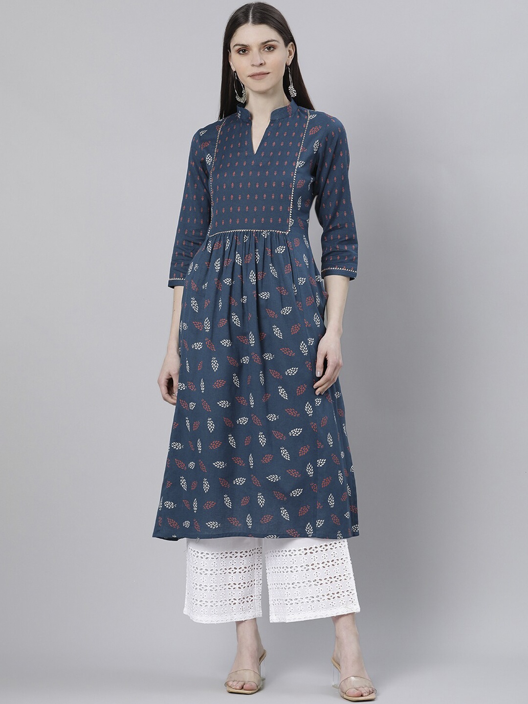 

Gerua By Libas Women Navy Blue Brown Floral Printed Cotton Anarkali Kurta