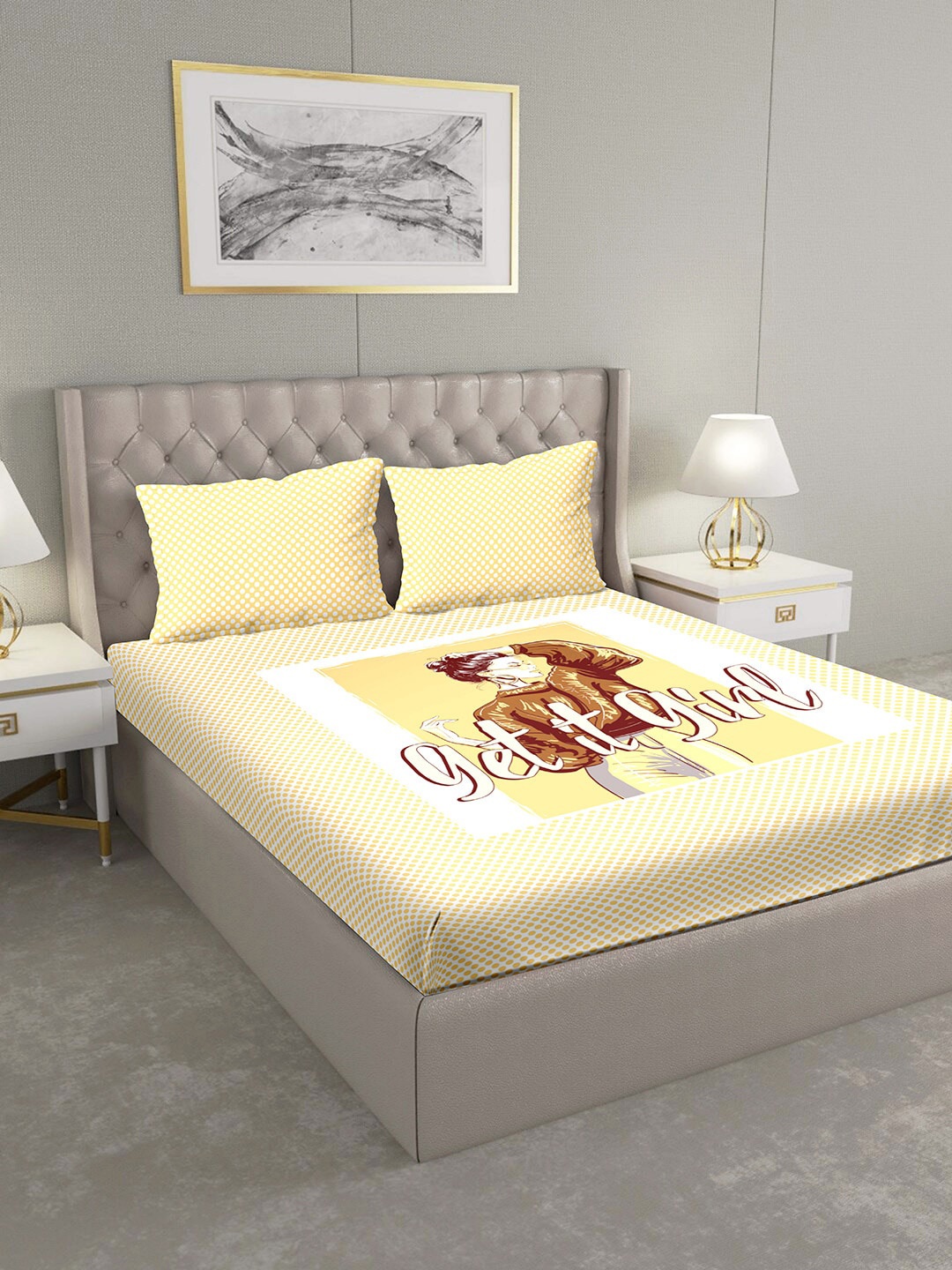 

BELLA CASA Beige & Brown Graphic 124 TC Cotton 1 King Bedsheet with 2 Pillow Covers