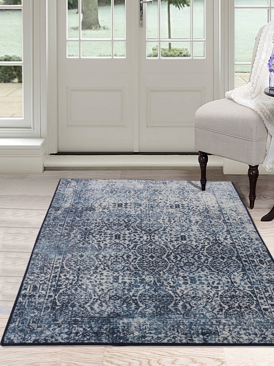 RUGSMITH Navy Blue & Off-White Ethnic Motifs Printed Anti-Skid Carpet