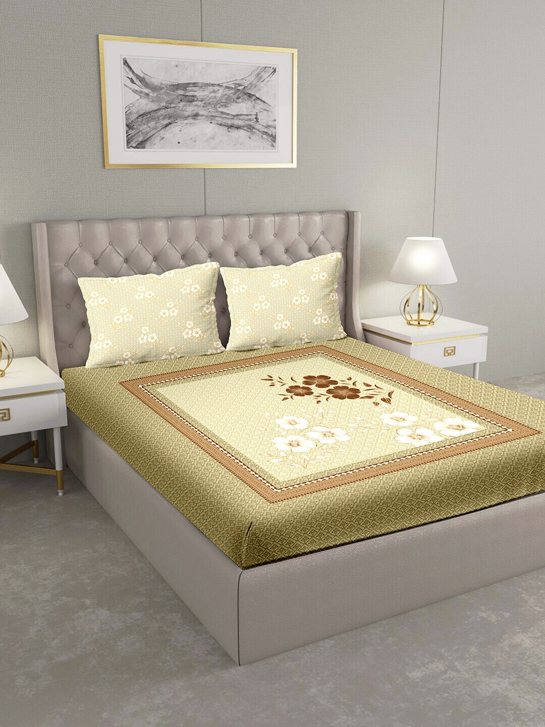 

BELLA CASA Beige & White Floral 124 TC Cotton 1 Extra Large Bedsheet with 2 Pillow Covers