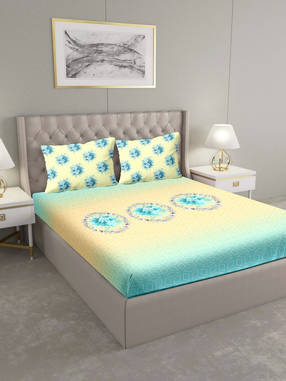 

BELLA CASA Turquoise Blue Floral 124 TC Cotton 1 Extra Large Bedsheet with 2 Pillow Covers