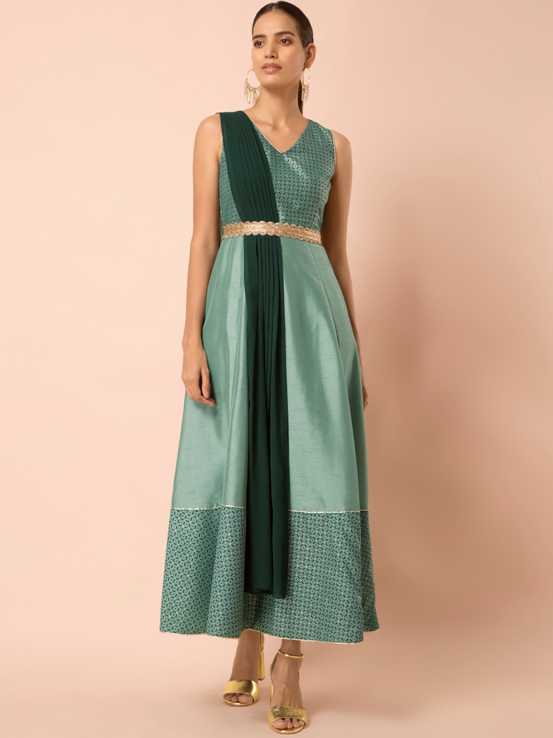 

INDYA Green Printed Belted Maxi Dress with Attached Dupatta