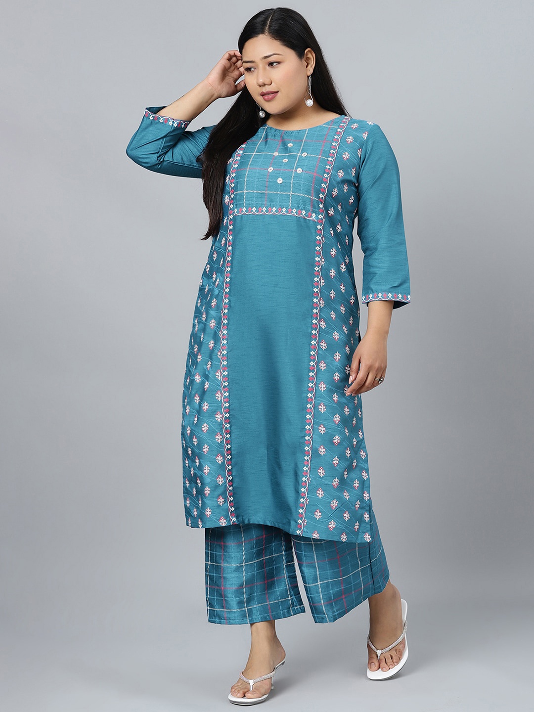 

curveZI by Ziyaa Women Blue Printed Kurta with Palazzos