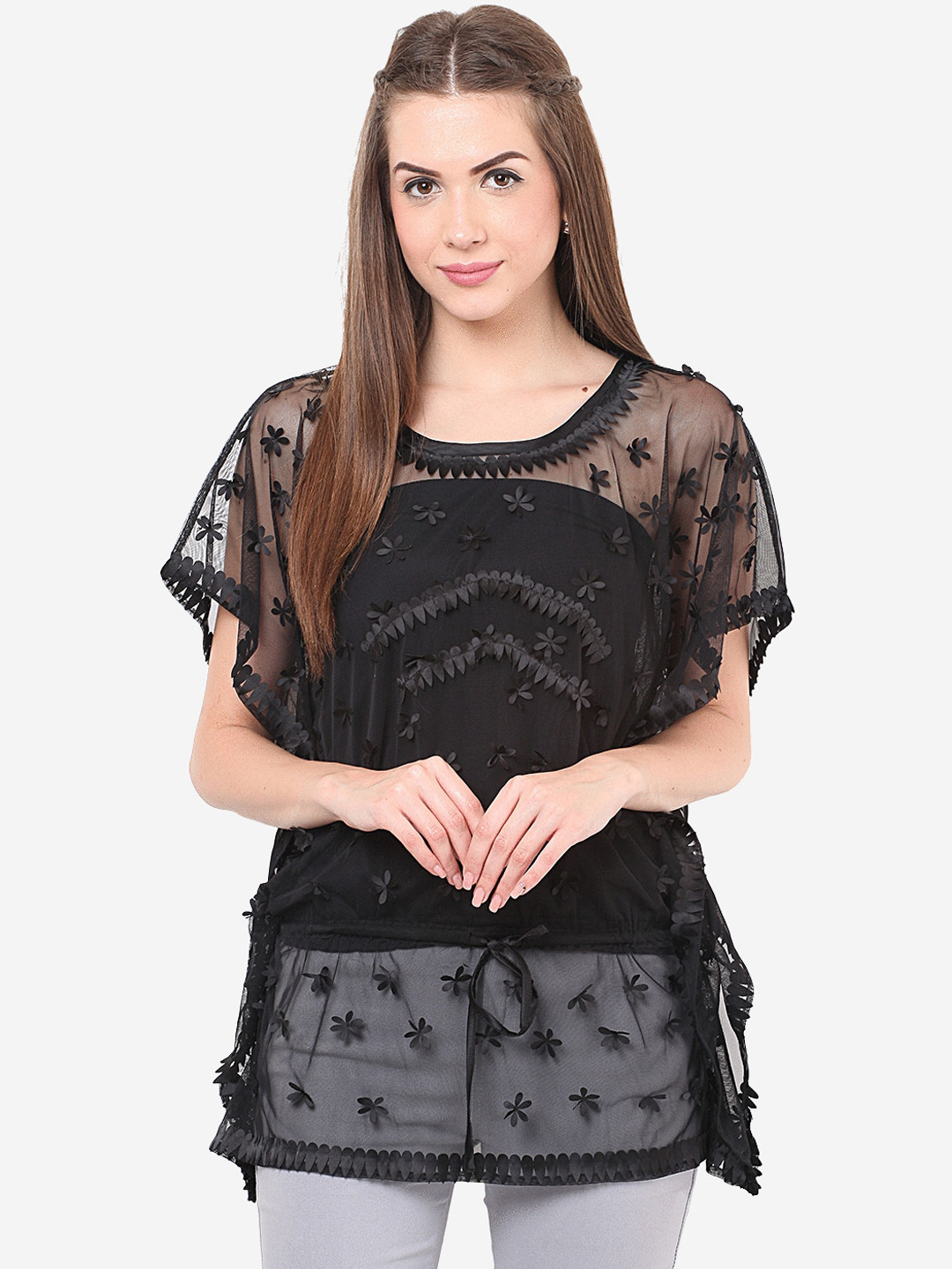 

Porsorte black Floral Flared Sleeves Net Kaftan Top