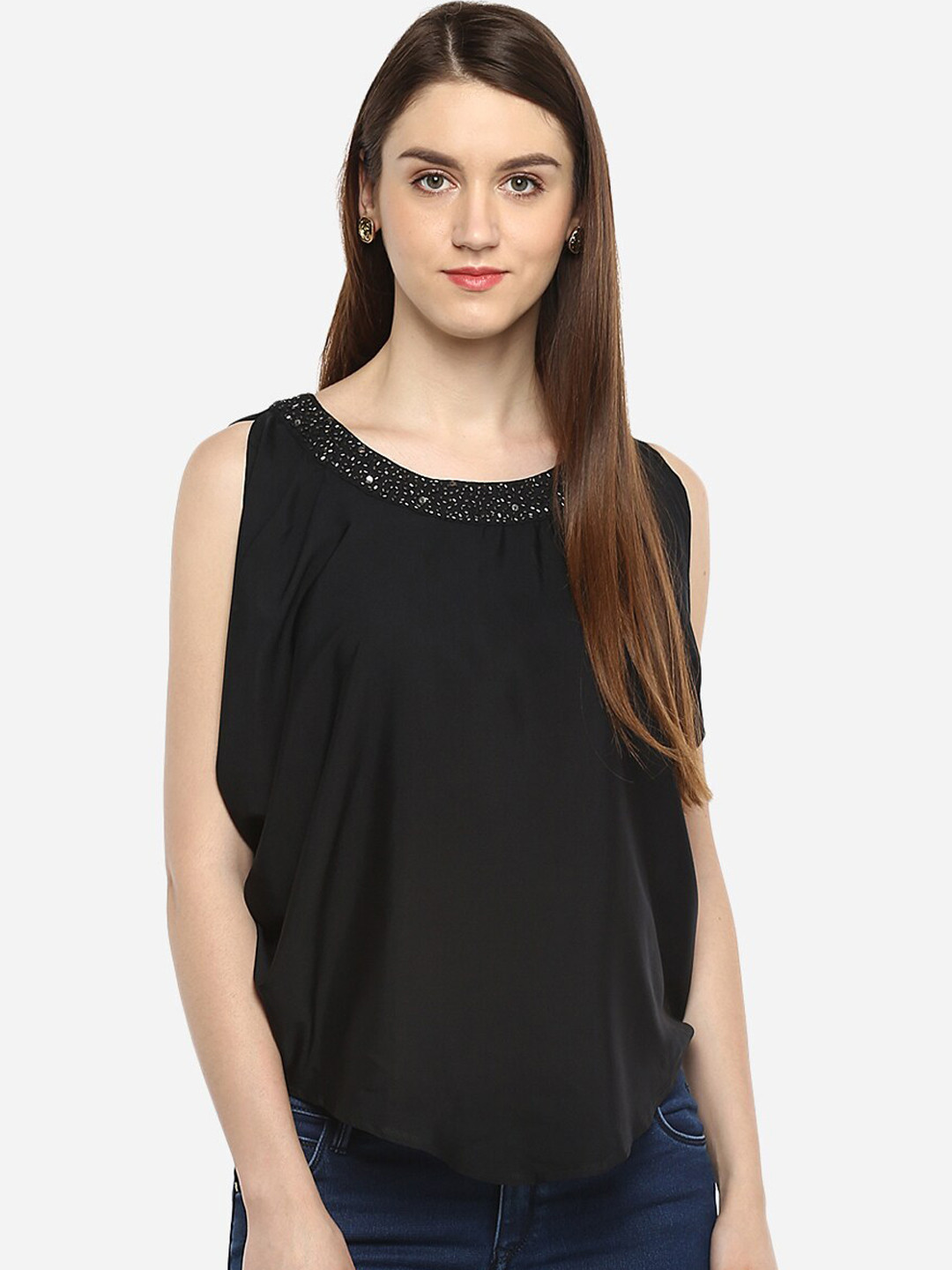 

Porsorte Black Embellished Crepe Styled Back Top