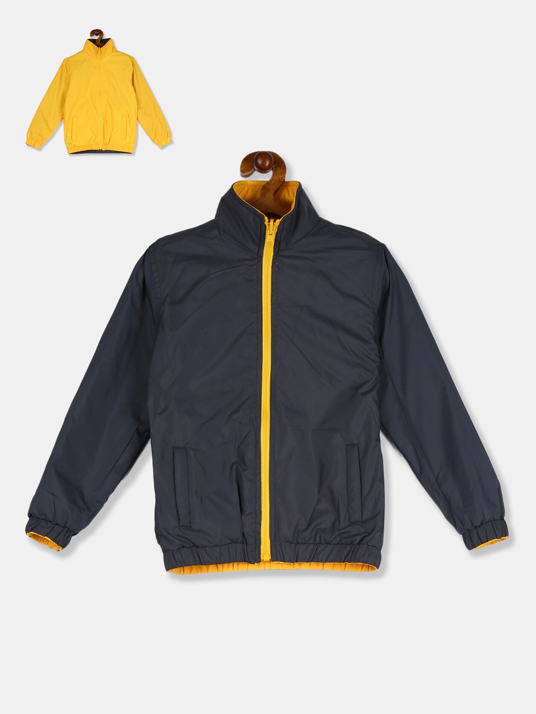 

Cherokee Boys Yellow & Navy Blue Solid Reversible Open Front Jacket