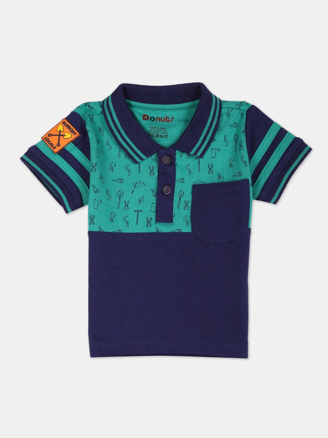 

Donuts Boys Navy Blue & Green Colourblocked Polo Collar T-shirt