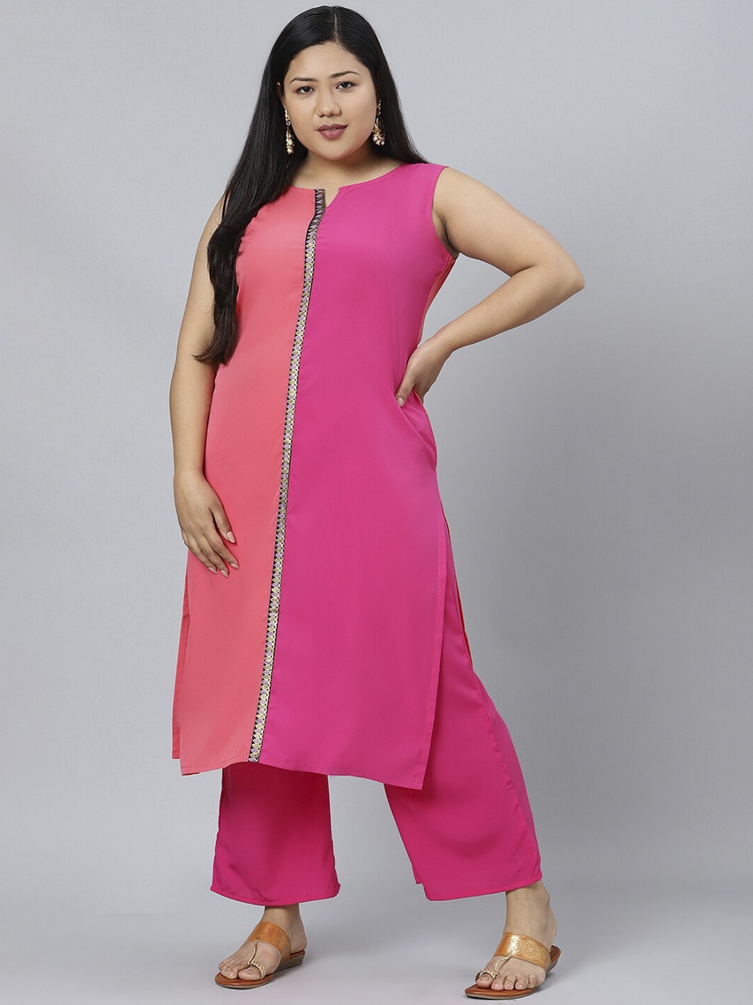 

curveZI by Ziyaa Women Pink Colourblocked Kurta with Palazzos
