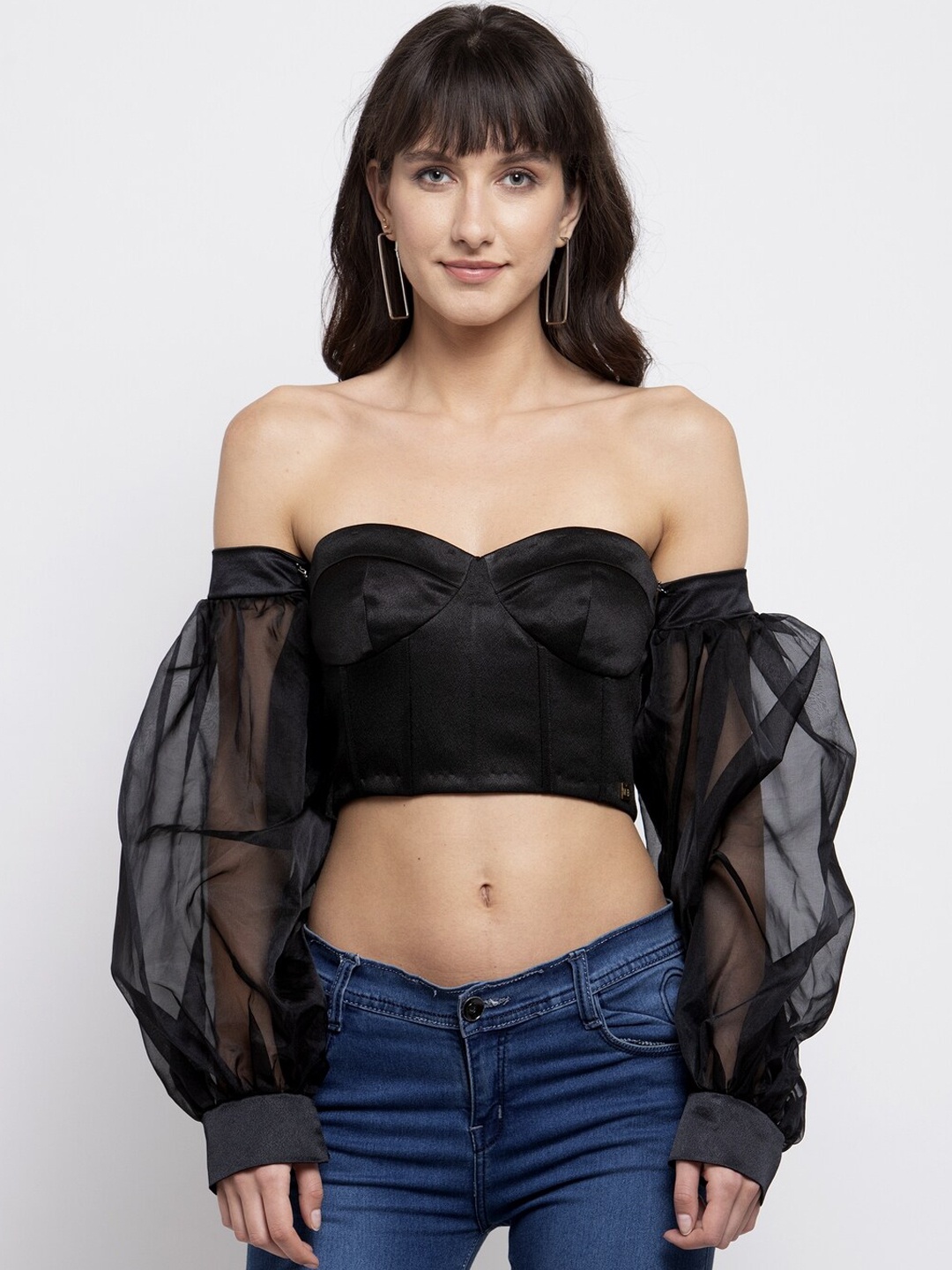 

EMBLAZE Black Off-Shoulder Off-Shoulder Sleeves Satin Net Tube Crop Top