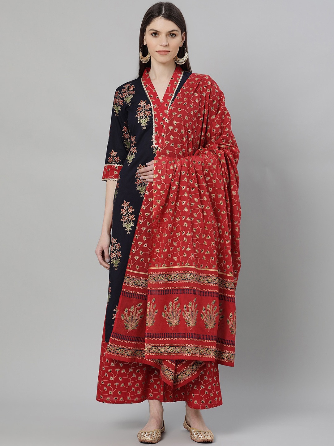 

Gerua By Libas Women Blue Red Woven Design Kurta with Trousers Dupatta