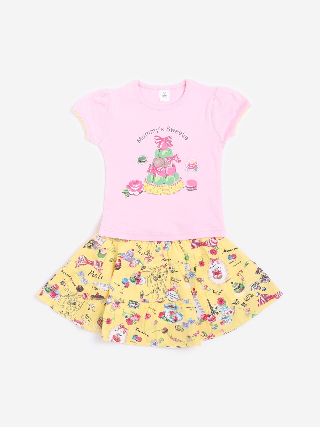 

TOFFY HOUSE Girls Pink & Yellow Printed Top with Skirt