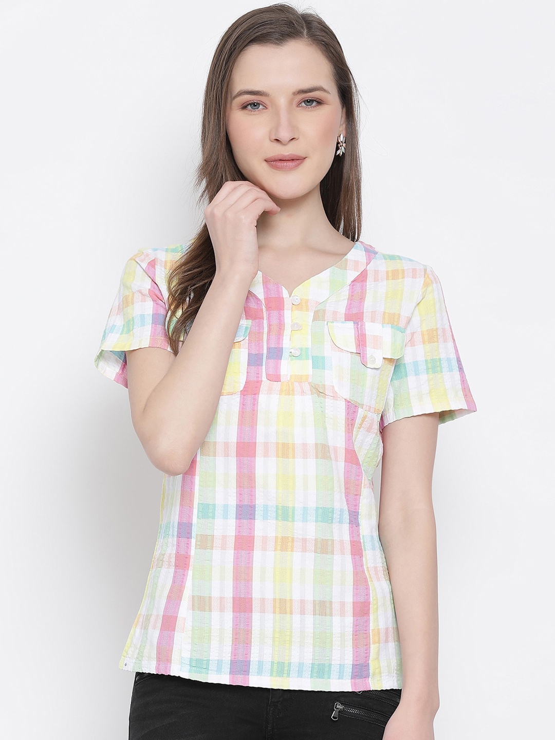 

Oxolloxo Women Multicoloured Checked Pure Cotton Regular Top, Multi