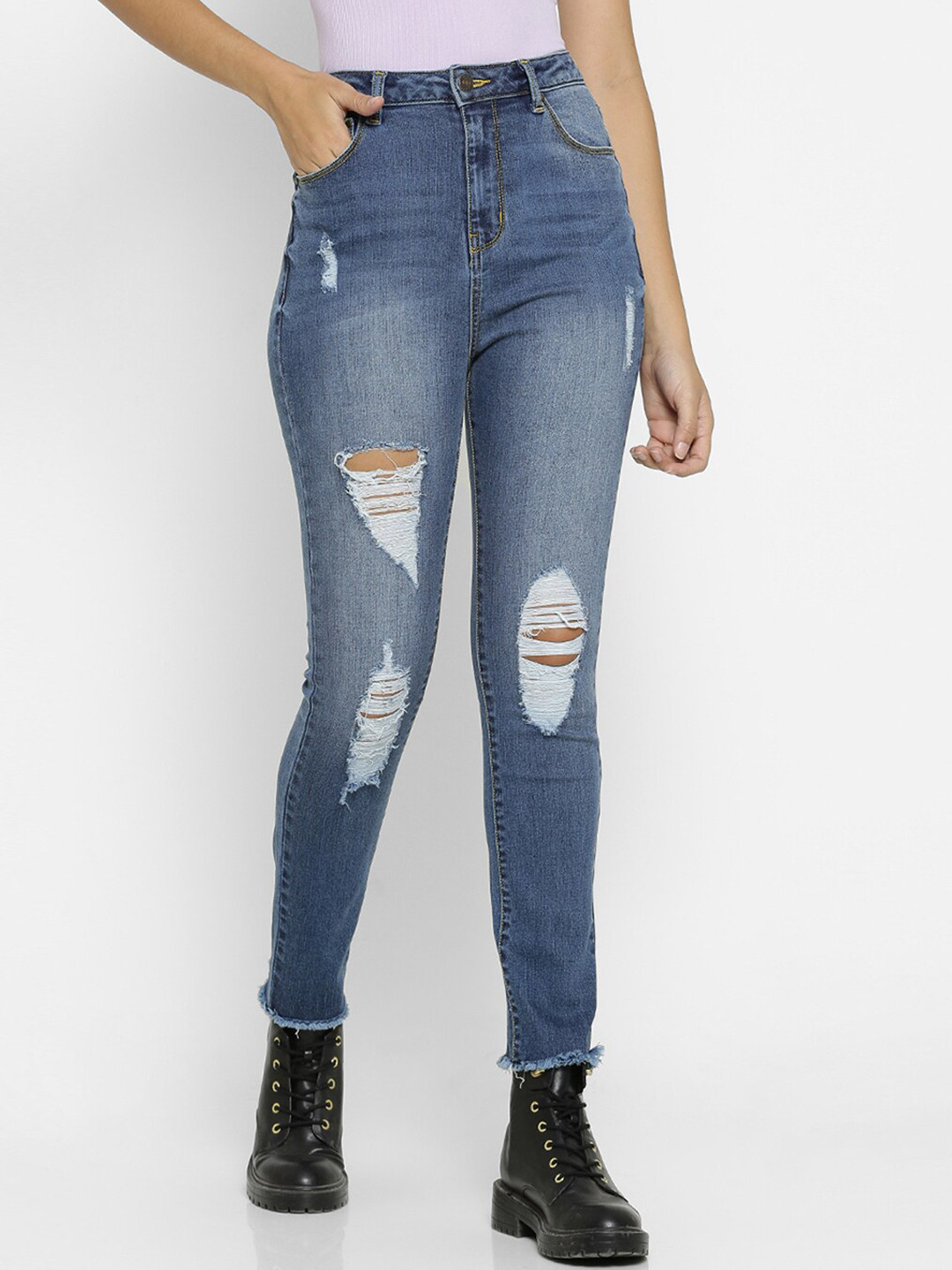 

FOREVER 21 Women Blue Skinny Fit High-Rise Highly Distressed Stretchable Jeans