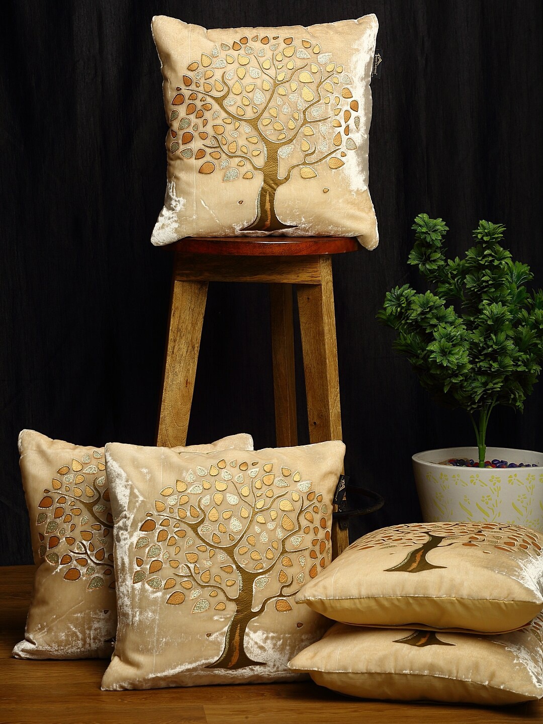 

HOSTA HOMES Cream-Coloured & Brown Set of 5 Embellished Square Cushion Covers