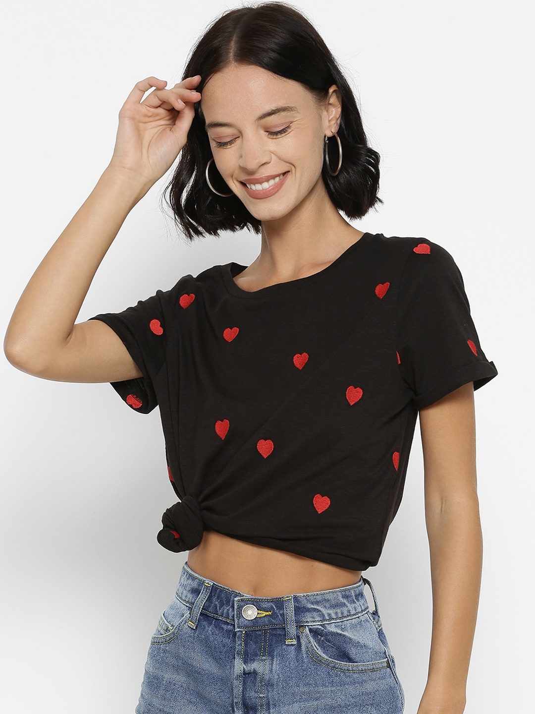 

Forever 21 Black & Red Printed Pure Cotton Regular Top