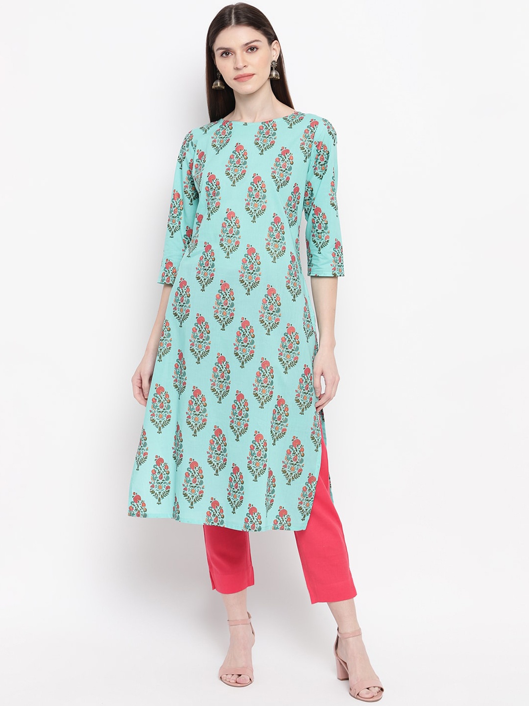 

Janasya Women Turquoise Blue & Pink Ethnic Motifs Printed Kurta
