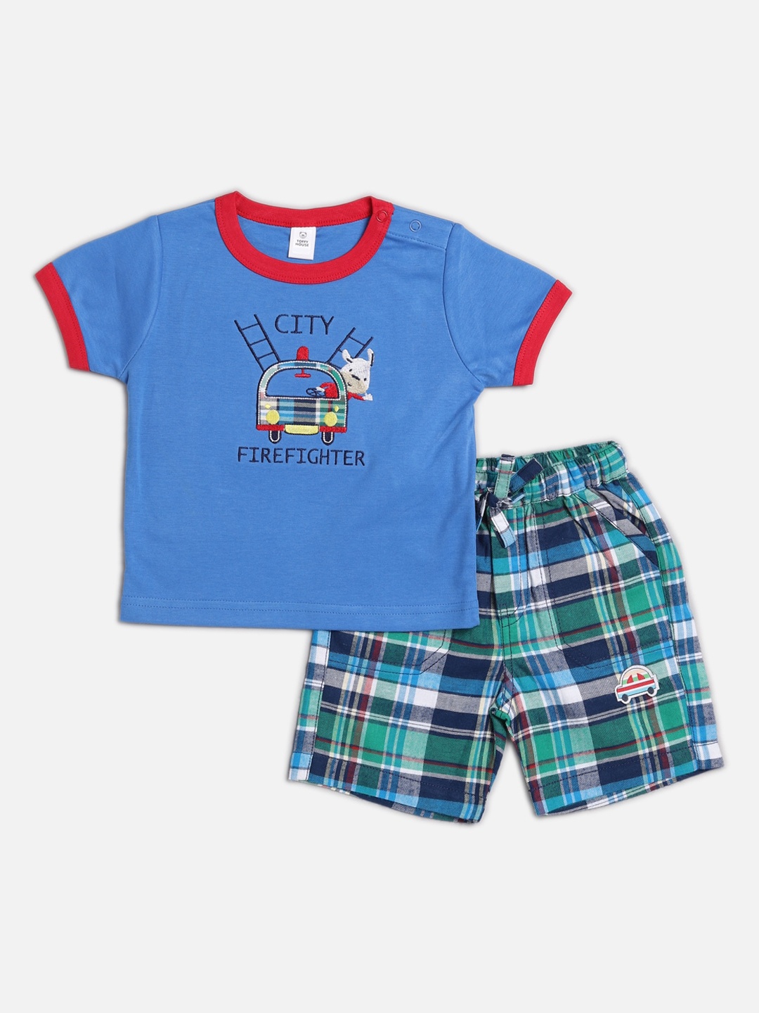 

TOFFY HOUSE Boys Green & Blue Printed T-shirt with Shorts