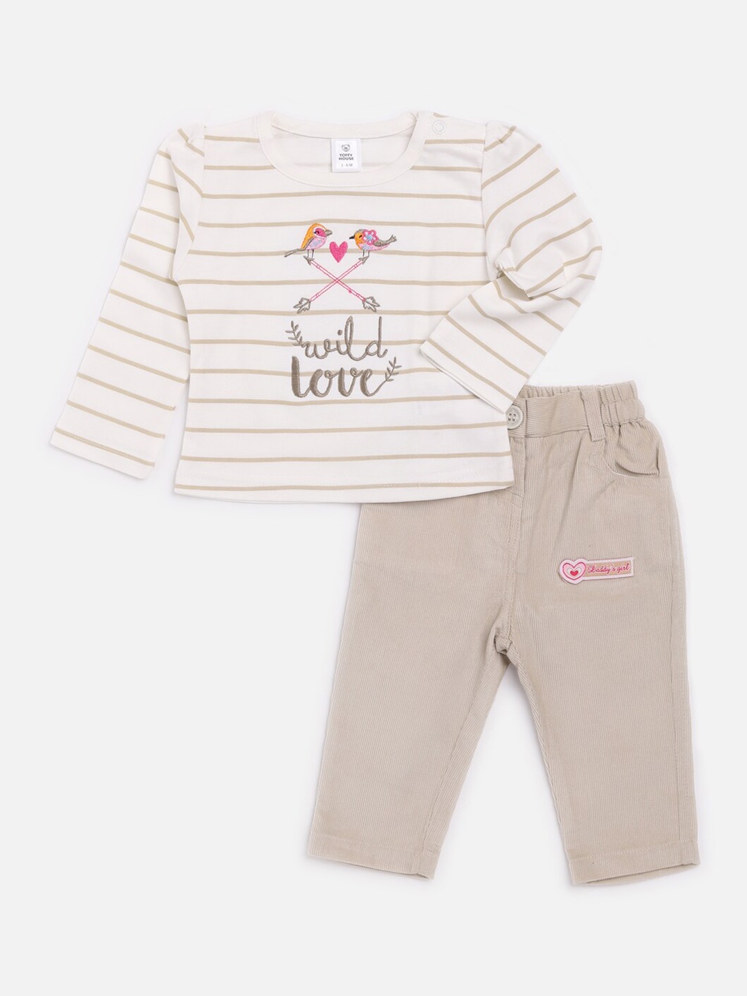 

TOFFY HOUSE Girls Off-White & Beige Striped T-shirt with Pyjamas