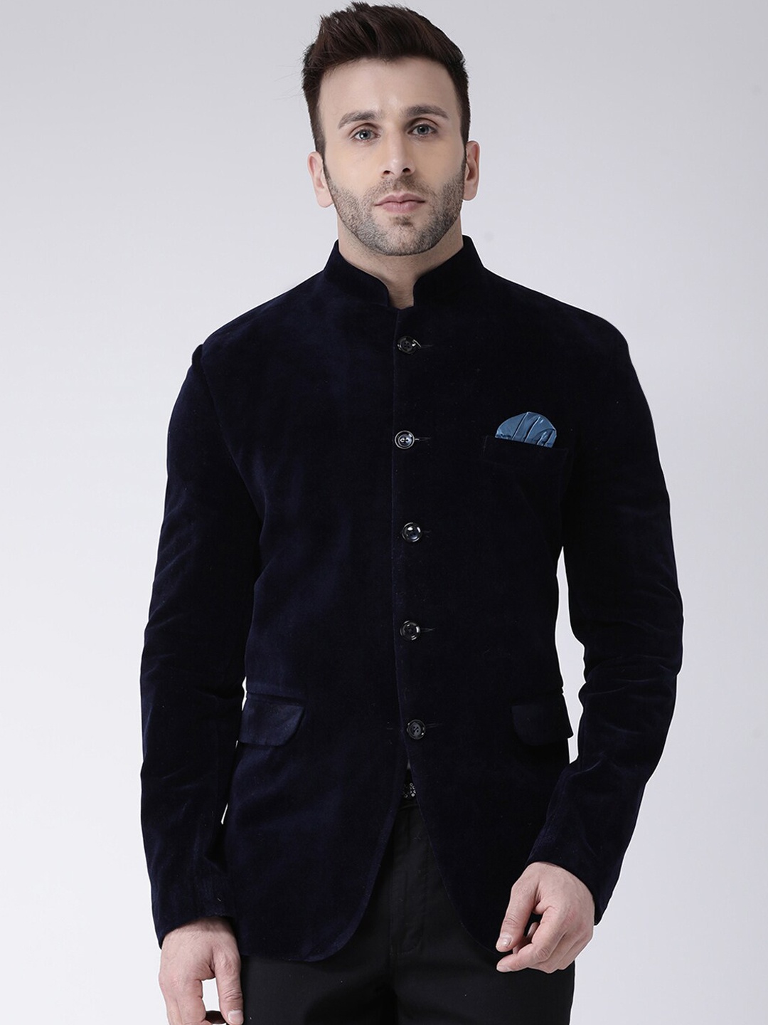 

Hangup Men Navy Blue Solid Bandhgala Blazer