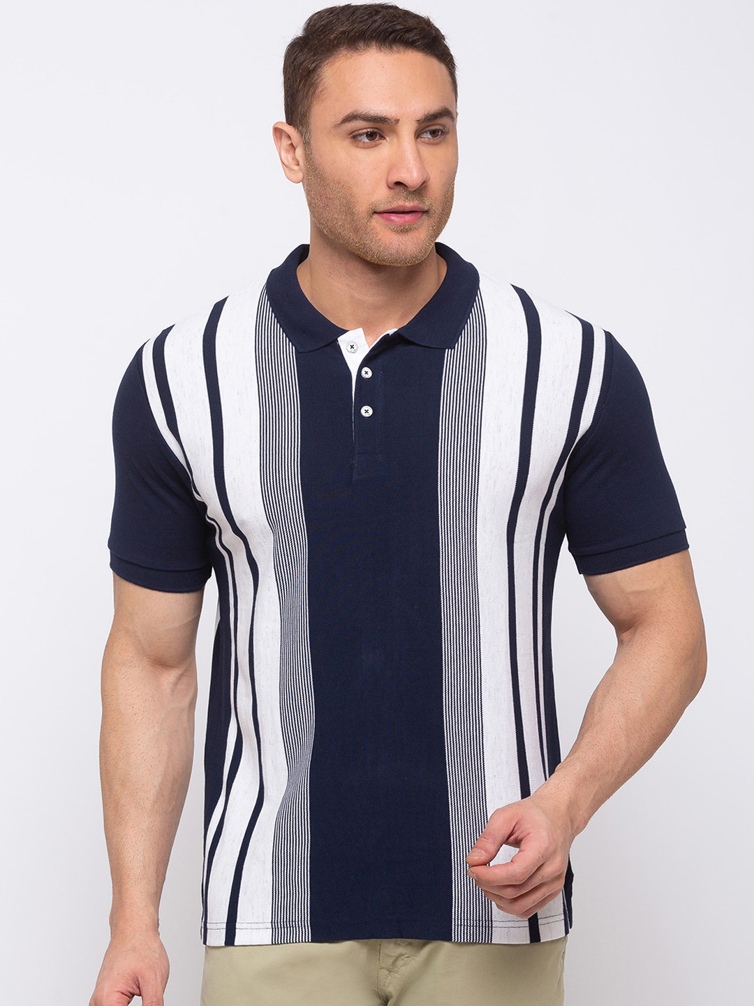 

Status Quo Men Navy Blue Striped Polo Collar T-shirt